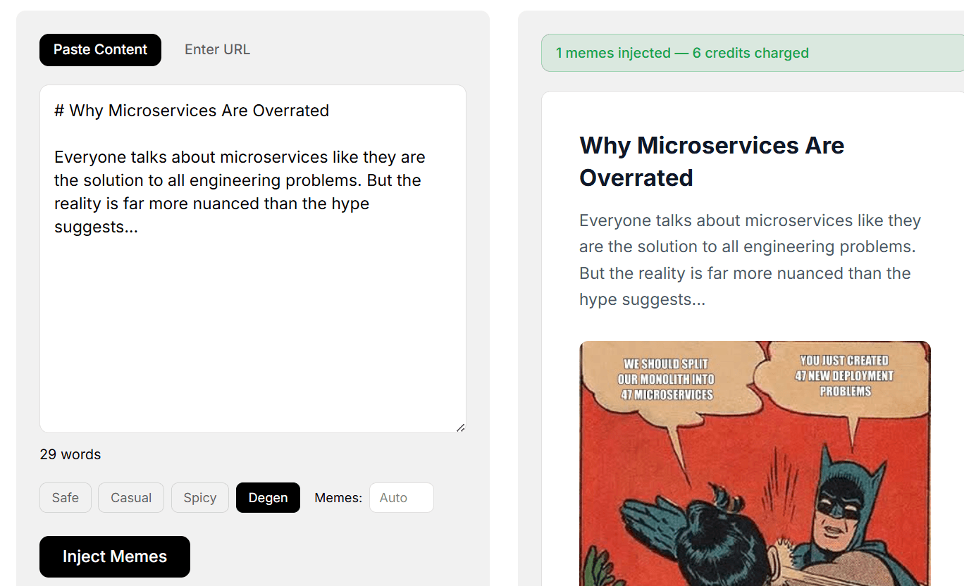 Content injection output — article with memes injected
